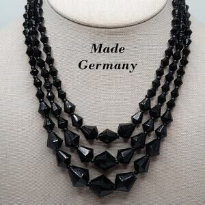Vintage Germany Black Glass Beaded Necklace, 16", 1940s